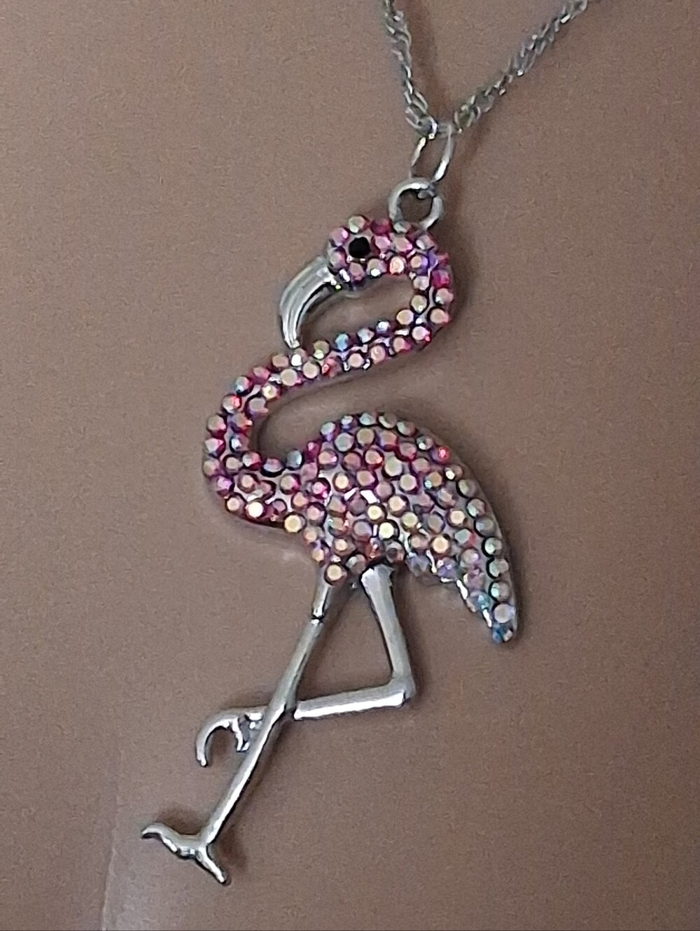 Flamingo Crystal Pendant Necklace - Pink Rhinestone Accent